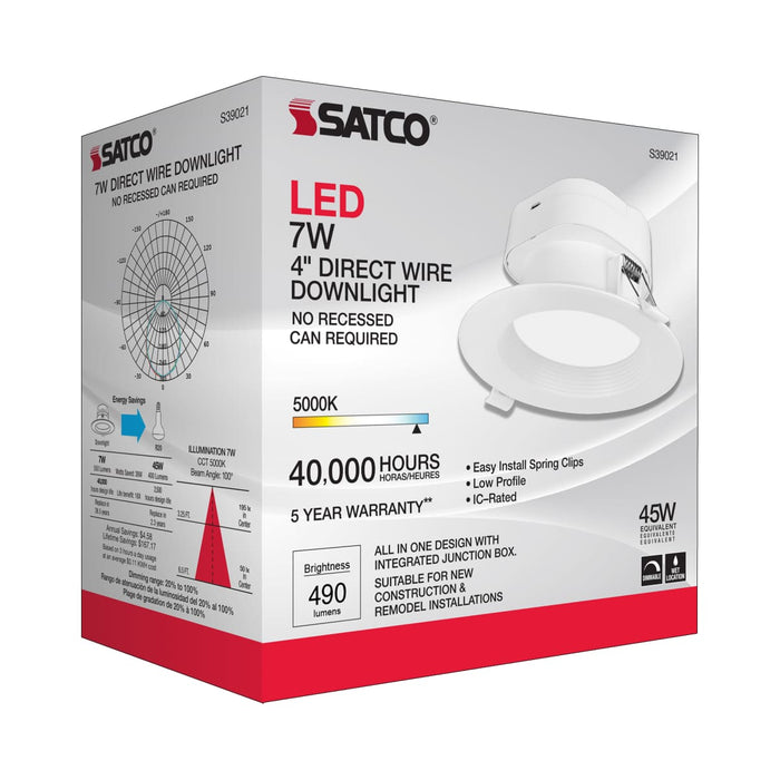 Direct Wire LED Downlight Satco S39021 7 watt LED Direct Wire Downlight - 4 inch - 5000K - 120 volt - Dimmable Satco
