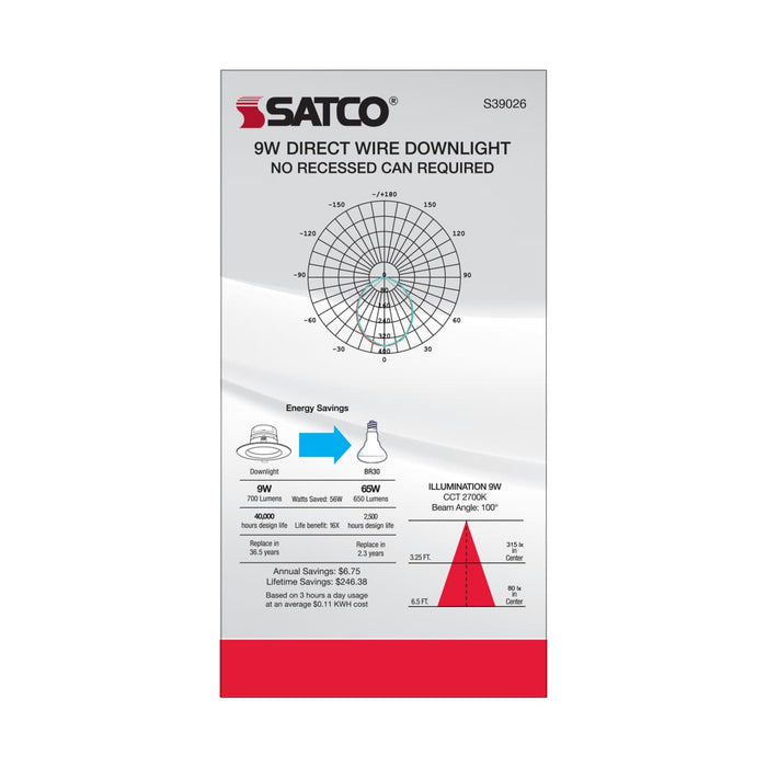 Direct Wire LED Downlight Satco S39026 9 watt LED Direct Wire Downlight - 5-6 inch - 2700K - 120 volt - Dimmable Satco