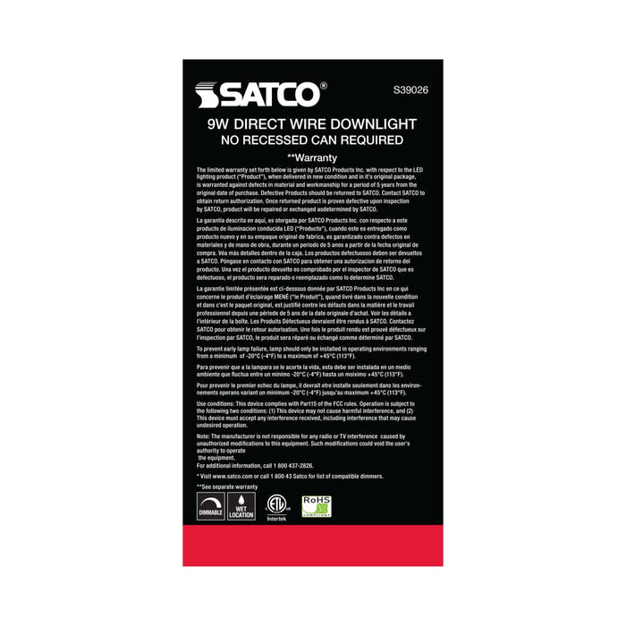 Direct Wire LED Downlight Satco S39026 9 watt LED Direct Wire Downlight - 5-6 inch - 2700K - 120 volt - Dimmable Satco
