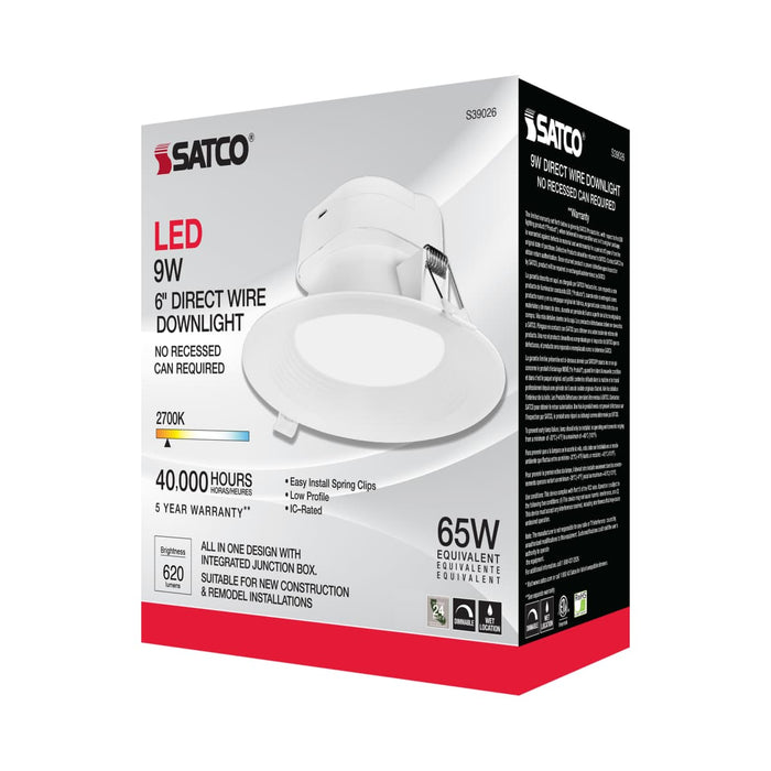Direct Wire LED Downlight Satco S39026 9 watt LED Direct Wire Downlight - 5-6 inch - 2700K - 120 volt - Dimmable Satco