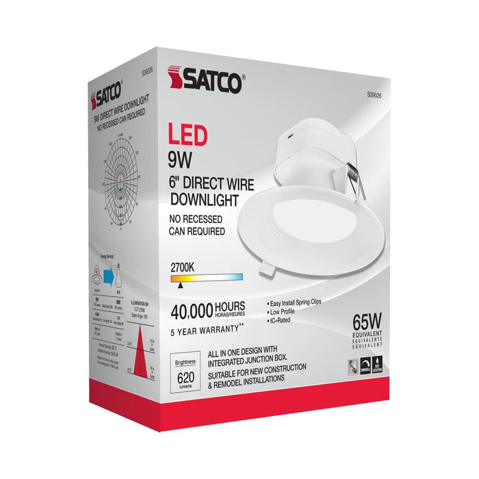 Direct Wire LED Downlight Satco S39026 9 watt LED Direct Wire Downlight - 5-6 inch - 2700K - 120 volt - Dimmable Satco