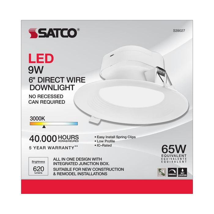 Direct Wire LED Downlight Satco S39027 9 watt LED Direct Wire Downlight - 5-6 inch - 3000K - 120 volt - Dimmable Satco