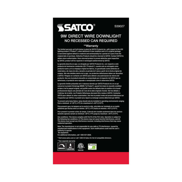 Direct Wire LED Downlight Satco S39027 9 watt LED Direct Wire Downlight - 5-6 inch - 3000K - 120 volt - Dimmable Satco