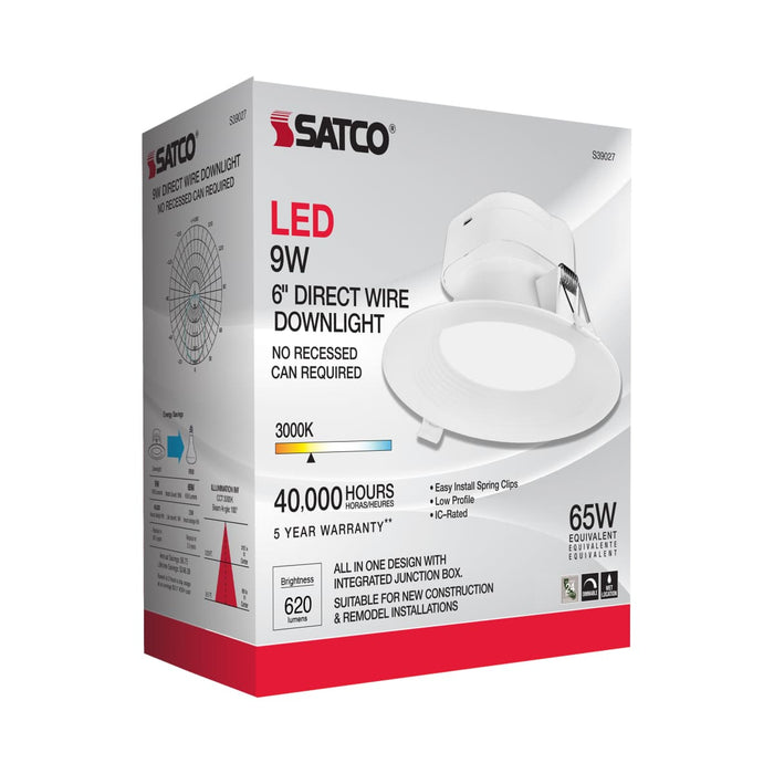 Direct Wire LED Downlight Satco S39027 9 watt LED Direct Wire Downlight - 5-6 inch - 3000K - 120 volt - Dimmable Satco