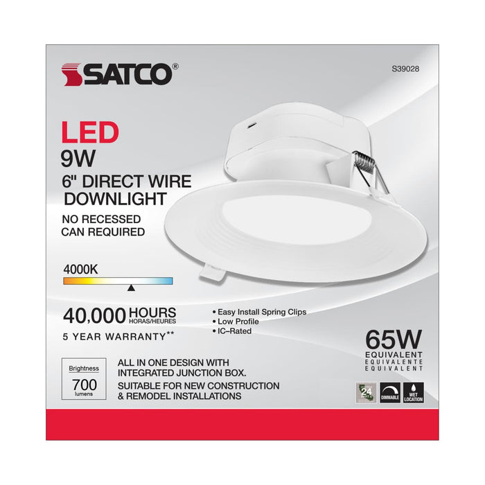 Direct Wire LED Downlight Satco S39028 9 watt LED Direct Wire Downlight - 5-6 inch - 4000K - 120 volt - Dimmable Satco