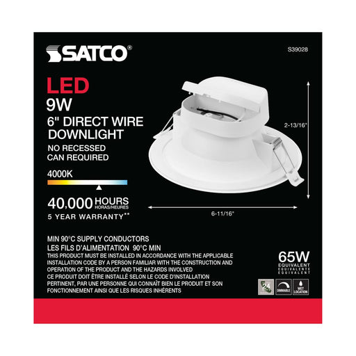 Direct Wire LED Downlight Satco S39028 9 watt LED Direct Wire Downlight - 5-6 inch - 4000K - 120 volt - Dimmable Satco