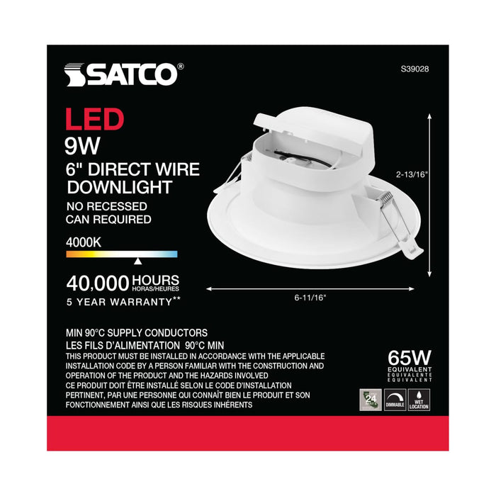Direct Wire LED Downlight Satco S39028 9 watt LED Direct Wire Downlight - 5-6 inch - 4000K - 120 volt - Dimmable Satco