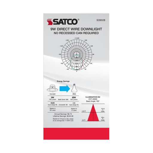 Direct Wire LED Downlight Satco S39028 9 watt LED Direct Wire Downlight - 5-6 inch - 4000K - 120 volt - Dimmable Satco