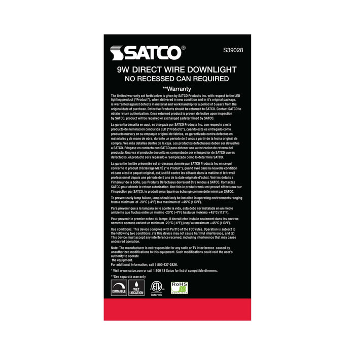 Direct Wire LED Downlight Satco S39028 9 watt LED Direct Wire Downlight - 5-6 inch - 4000K - 120 volt - Dimmable Satco