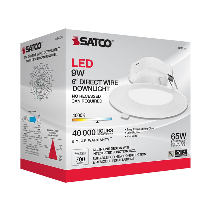Direct Wire LED Downlight Satco S39028 9 watt LED Direct Wire Downlight - 5-6 inch - 4000K - 120 volt - Dimmable Satco