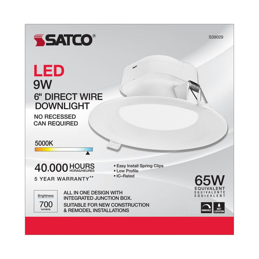 Direct Wire LED Downlight Satco S39029 9 watt LED Direct Wire Downlight - 5-6 inch - 5000K - 120 volt - Dimmable Satco