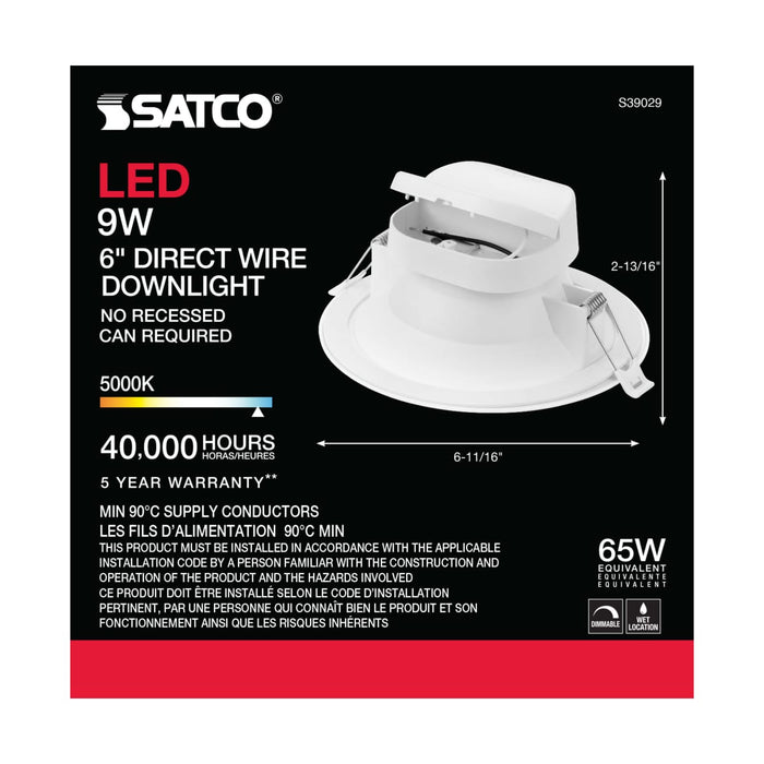Direct Wire LED Downlight Satco S39029 9 watt LED Direct Wire Downlight - 5-6 inch - 5000K - 120 volt - Dimmable Satco