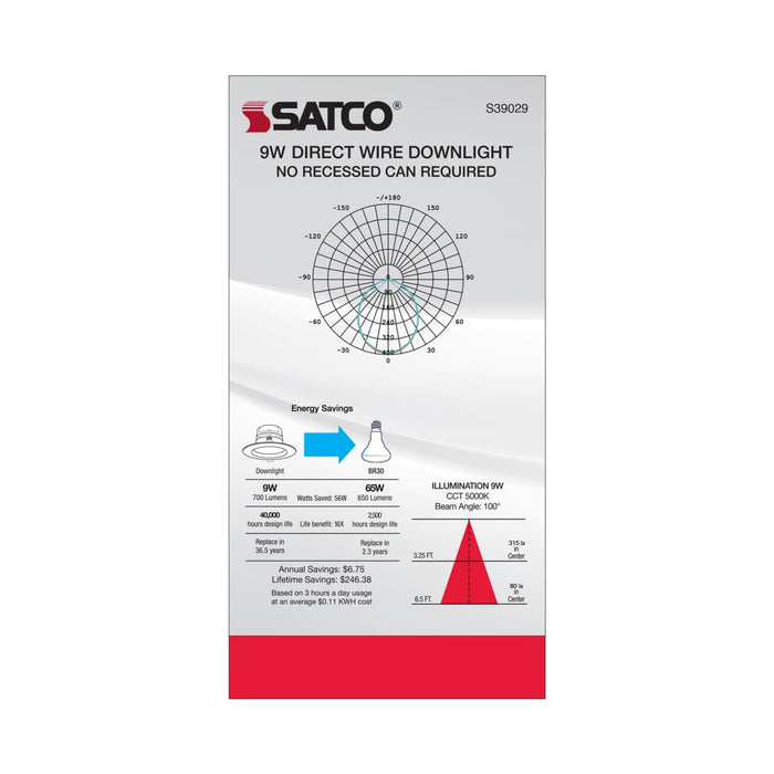 Direct Wire LED Downlight Satco S39029 9 watt LED Direct Wire Downlight - 5-6 inch - 5000K - 120 volt - Dimmable Satco