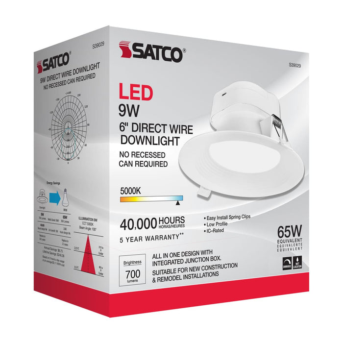 Direct Wire LED Downlight Satco S39029 9 watt LED Direct Wire Downlight - 5-6 inch - 5000K - 120 volt - Dimmable Satco