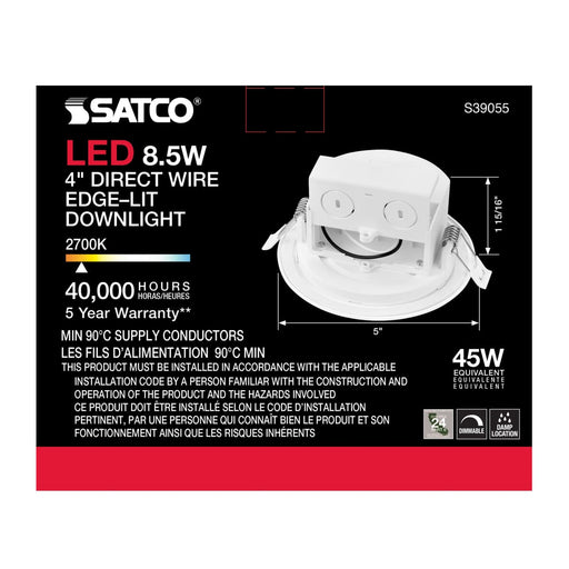 Direct Wire LED Downlight Satco S39055 8.5 watt LED Direct Wire Downlight - Edge-lit - 4 inch - 2700K - 120 volt - Dimmable Satco