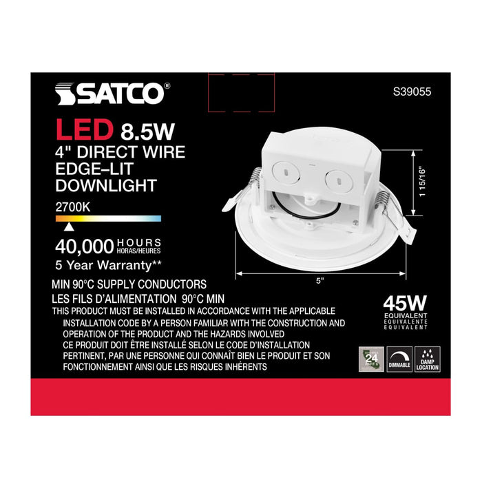 Direct Wire LED Downlight Satco S39055 8.5 watt LED Direct Wire Downlight - Edge-lit - 4 inch - 2700K - 120 volt - Dimmable Satco