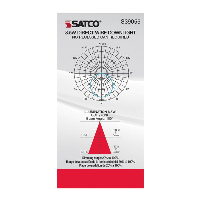 Direct Wire LED Downlight Satco S39055 8.5 watt LED Direct Wire Downlight - Edge-lit - 4 inch - 2700K - 120 volt - Dimmable Satco