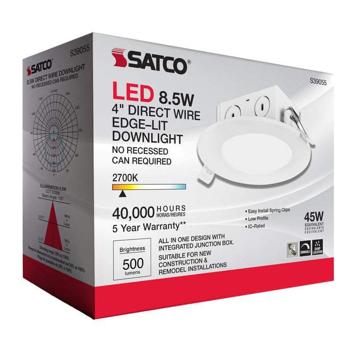 Direct Wire LED Downlight Satco S39055 8.5 watt LED Direct Wire Downlight - Edge-lit - 4 inch - 2700K - 120 volt - Dimmable Satco