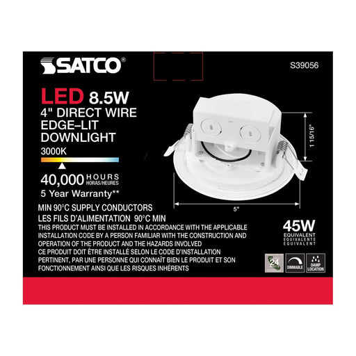 Direct Wire LED Downlight Satco S39056 8.5 watt LED Direct Wire Downlight - Edge-lit - 4 inch - 3000K - 120 volt - Dimmable Satco