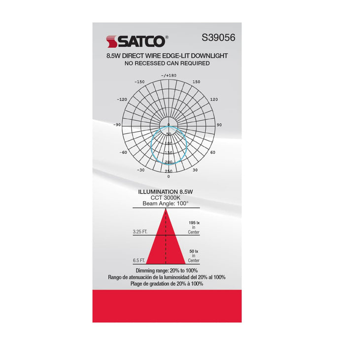 Direct Wire LED Downlight Satco S39056 8.5 watt LED Direct Wire Downlight - Edge-lit - 4 inch - 3000K - 120 volt - Dimmable Satco