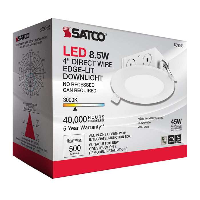 Direct Wire LED Downlight Satco S39056 8.5 watt LED Direct Wire Downlight - Edge-lit - 4 inch - 3000K - 120 volt - Dimmable Satco