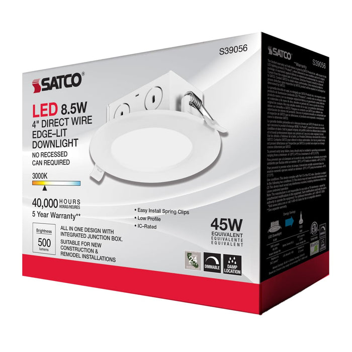 Direct Wire LED Downlight Satco S39056 8.5 watt LED Direct Wire Downlight - Edge-lit - 4 inch - 3000K - 120 volt - Dimmable Satco