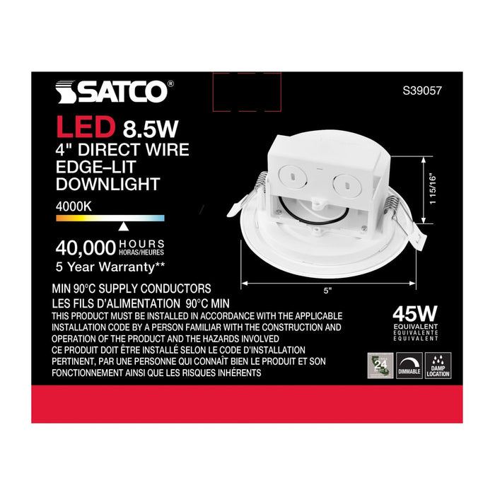 Direct Wire LED Downlight Satco S39057 8.5 watt LED Direct Wire Downlight - Edge-lit - 4 inch - 4000K - 120 volt - Dimmable Satco