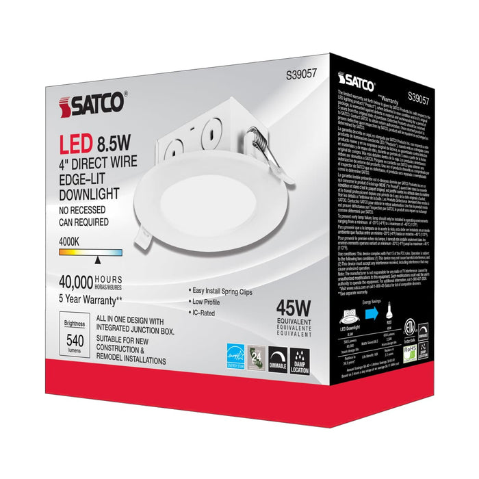 Direct Wire LED Downlight Satco S39057 8.5 watt LED Direct Wire Downlight - Edge-lit - 4 inch - 4000K - 120 volt - Dimmable Satco
