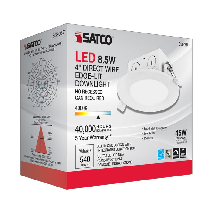 Direct Wire LED Downlight Satco S39057 8.5 watt LED Direct Wire Downlight - Edge-lit - 4 inch - 4000K - 120 volt - Dimmable Satco