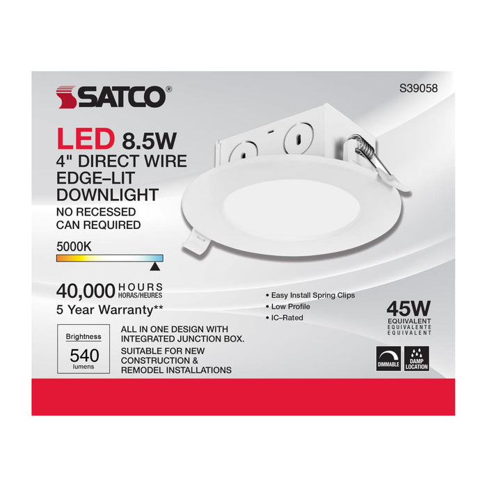 Direct Wire LED Downlight Satco S39058 8.5 watt LED Direct Wire Downlight - Edge-lit - 4 inch - 5000K - 120 volt - Dimmable Satco