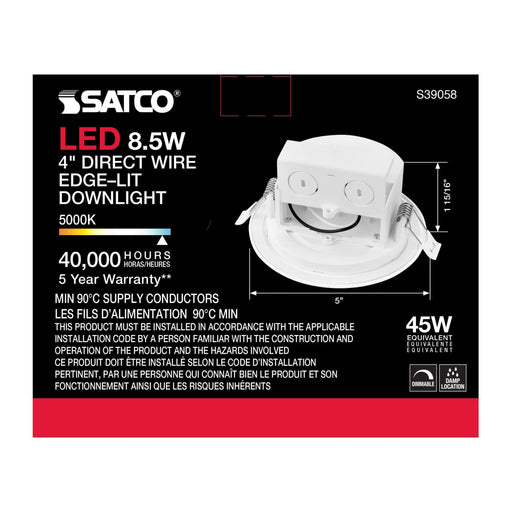 Direct Wire LED Downlight Satco S39058 8.5 watt LED Direct Wire Downlight - Edge-lit - 4 inch - 5000K - 120 volt - Dimmable Satco