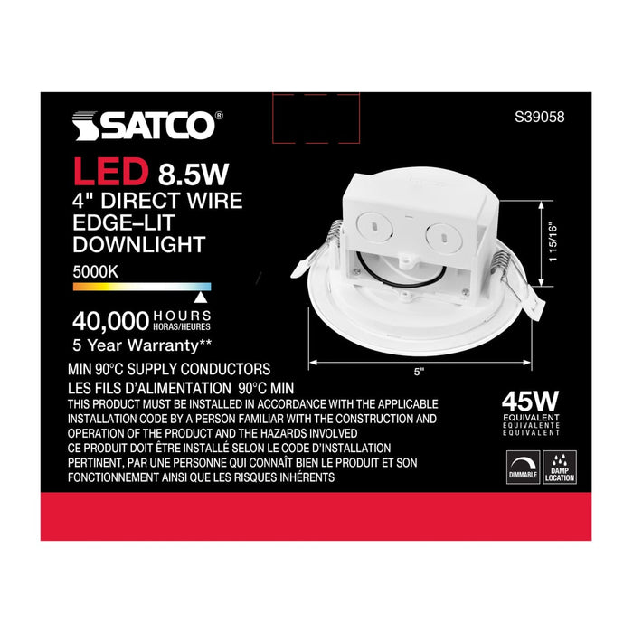 Direct Wire LED Downlight Satco S39058 8.5 watt LED Direct Wire Downlight - Edge-lit - 4 inch - 5000K - 120 volt - Dimmable Satco