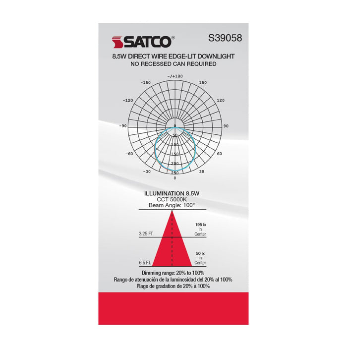 Direct Wire LED Downlight Satco S39058 8.5 watt LED Direct Wire Downlight - Edge-lit - 4 inch - 5000K - 120 volt - Dimmable Satco