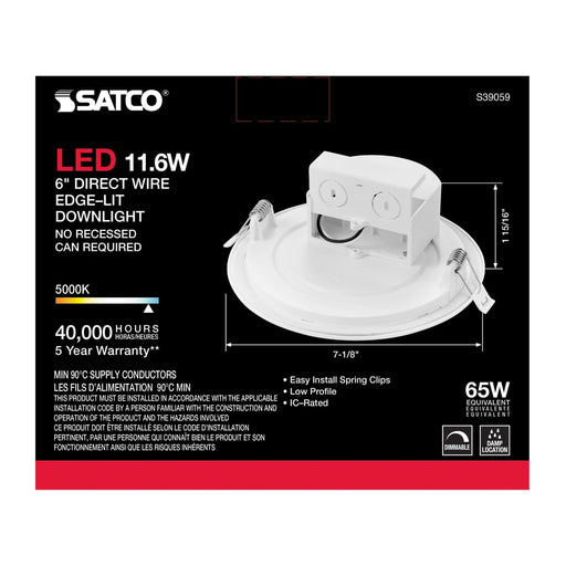 Direct Wire LED Downlight Satco S39059 11.6 watt LED Direct Wire Downlight - Edge-lit - 5-6 inch - 5000K - 120 volt - Dimmable Satco