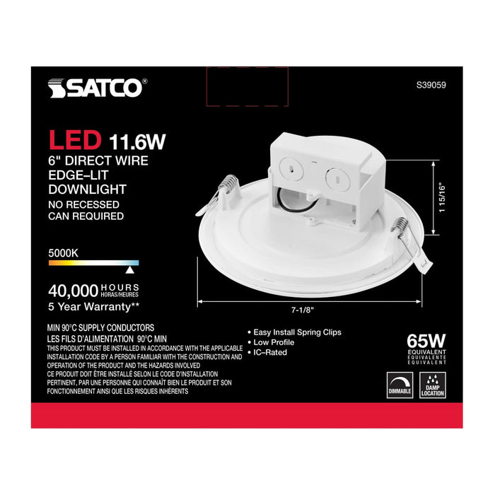Direct Wire LED Downlight Satco S39059 11.6 watt LED Direct Wire Downlight - Edge-lit - 5-6 inch - 5000K - 120 volt - Dimmable Satco