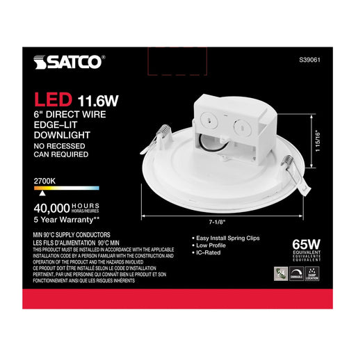 Direct Wire LED Downlight Satco S39061 11.6 watt LED Direct Wire Downlight - Edge-lit - 5-6 inch - 2700K - 120 volt - Dimmable Satco