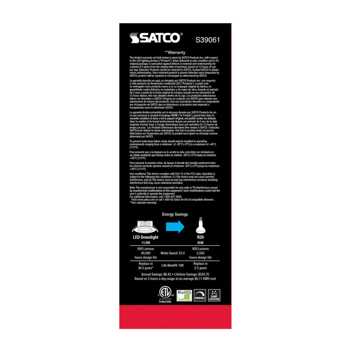 Direct Wire LED Downlight Satco S39061 11.6 watt LED Direct Wire Downlight - Edge-lit - 5-6 inch - 2700K - 120 volt - Dimmable Satco