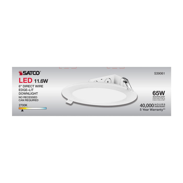 Direct Wire LED Downlight Satco S39061 11.6 watt LED Direct Wire Downlight - Edge-lit - 5-6 inch - 2700K - 120 volt - Dimmable Satco