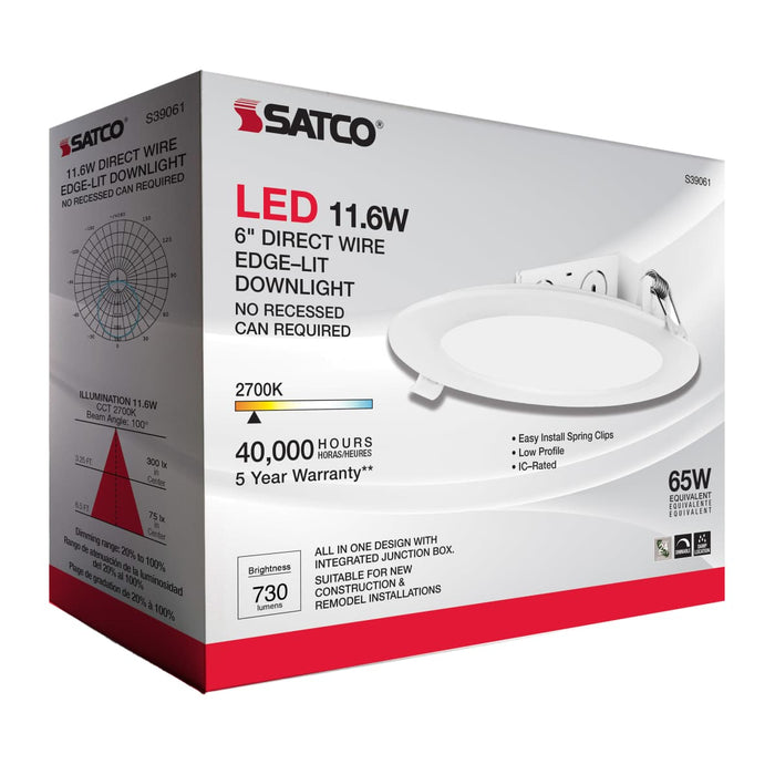 Direct Wire LED Downlight Satco S39061 11.6 watt LED Direct Wire Downlight - Edge-lit - 5-6 inch - 2700K - 120 volt - Dimmable Satco