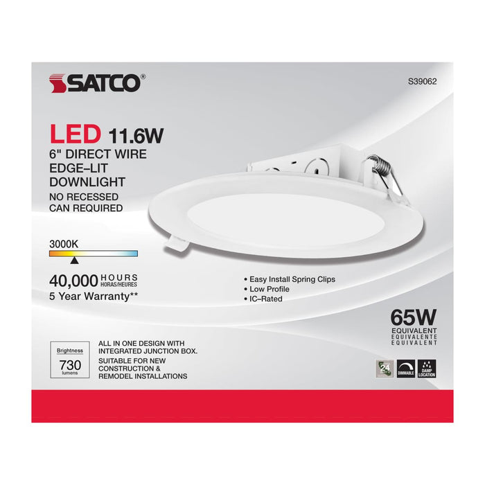 Direct Wire LED Downlight Satco S39062 11.6 watt LED Direct Wire Downlight - Edge-lit - 5-6 inch - 3000K - 120 volt - Dimmable Satco