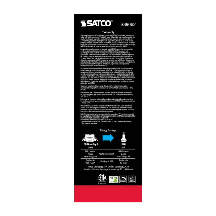 Direct Wire LED Downlight Satco S39062 11.6 watt LED Direct Wire Downlight - Edge-lit - 5-6 inch - 3000K - 120 volt - Dimmable Satco