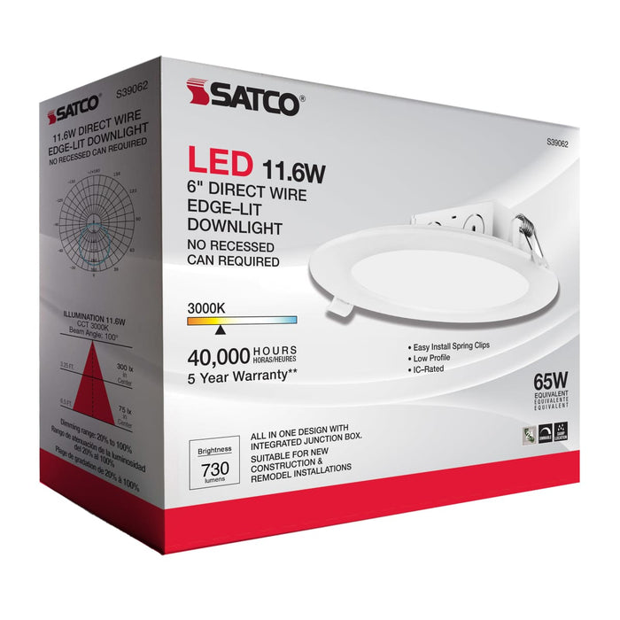 Direct Wire LED Downlight Satco S39062 11.6 watt LED Direct Wire Downlight - Edge-lit - 5-6 inch - 3000K - 120 volt - Dimmable Satco