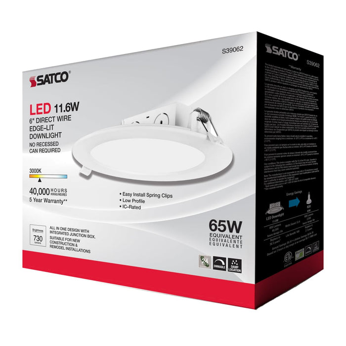 Direct Wire LED Downlight Satco S39062 11.6 watt LED Direct Wire Downlight - Edge-lit - 5-6 inch - 3000K - 120 volt - Dimmable Satco