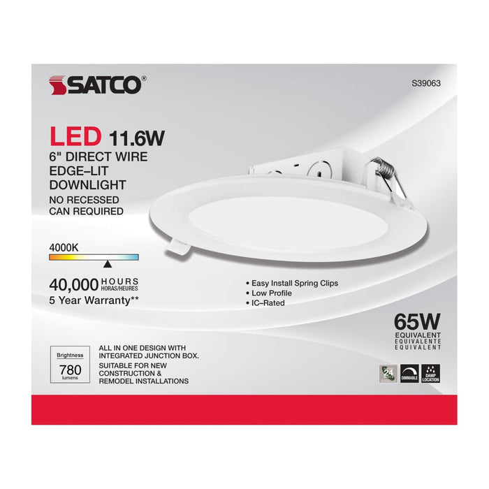 Direct Wire LED Downlight Satco S39063 11.6 watt LED Direct Wire Downlight - Edge-lit - 5-6 inch - 4000K - 120 volt - Dimmable Satco