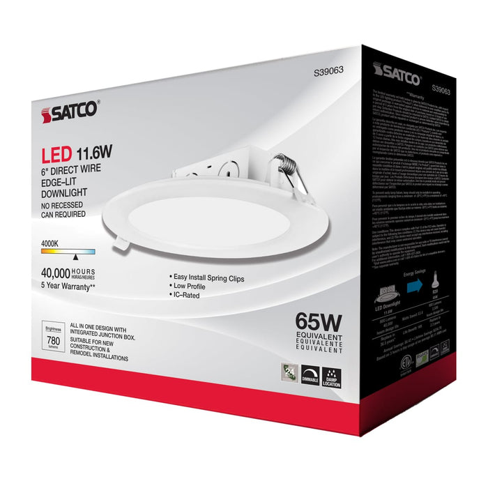Direct Wire LED Downlight Satco S39063 11.6 watt LED Direct Wire Downlight - Edge-lit - 5-6 inch - 4000K - 120 volt - Dimmable Satco