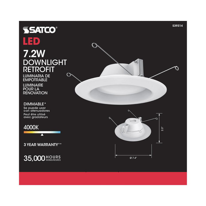 LED Recessed Downlight Satco S39314 7.5 watt LED Downlight Retrofit 5-6" 4000K Dimmable 120 volts Satco