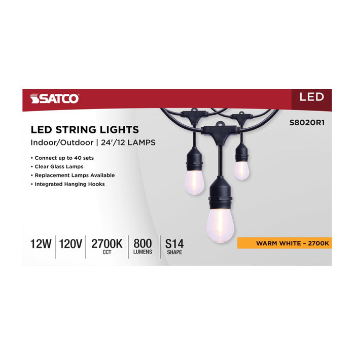 String Light Satco S8020R1 24 Foot LED String Light - 12-S14 Lamps - 2700K CCT - Black - 120 Volt Satco