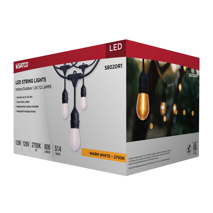 String Light Satco S8020R1 24 Foot LED String Light - 12-S14 Lamps - 2700K CCT - Black - 120 Volt Satco