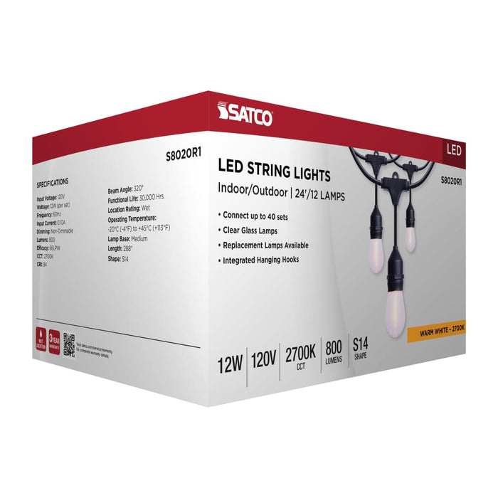 String Light Satco S8020R1 24 Foot LED String Light - 12-S14 Lamps - 2700K CCT - Black - 120 Volt Satco