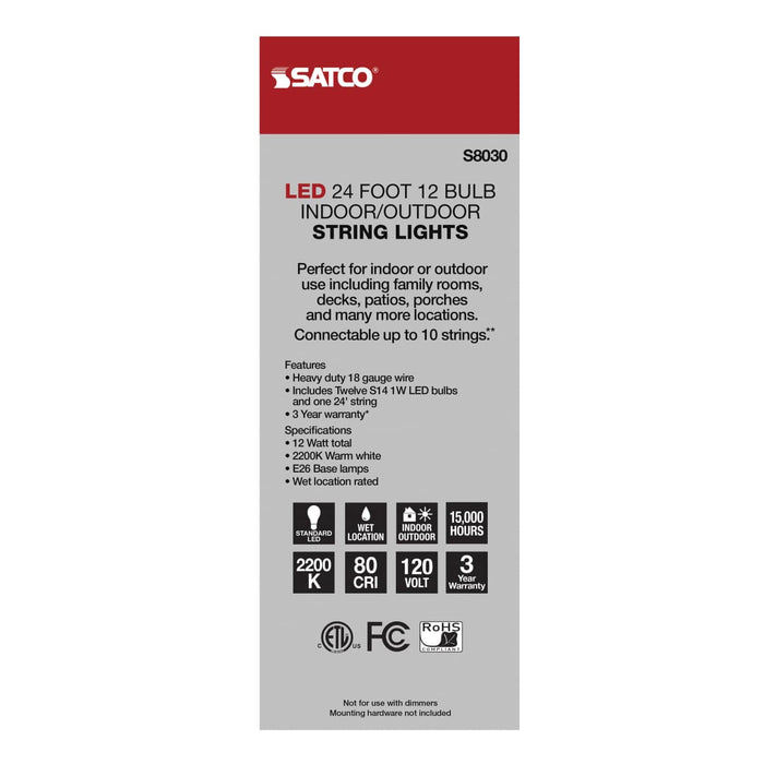 String Light Satco S8030 24Ft - LED String Light - Includes 12-S14 bulbs - 2200K - 120 Volts Satco